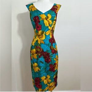 Vintage 100% Silk Gillian Floral Sleeveless Sheath wiggle Dress - size 10